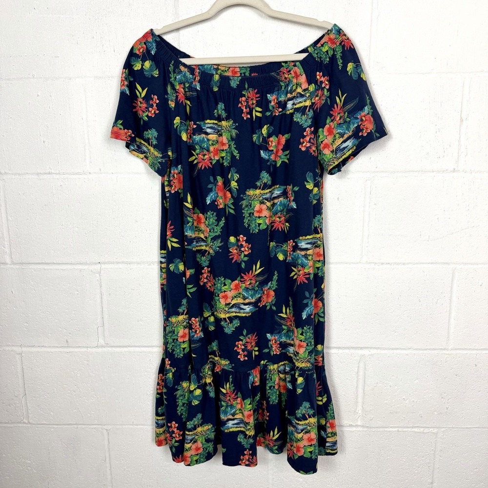 Lands End Tiered Midi Dress Off Shoulder Ruffle Tropical Floral Resort Travel L